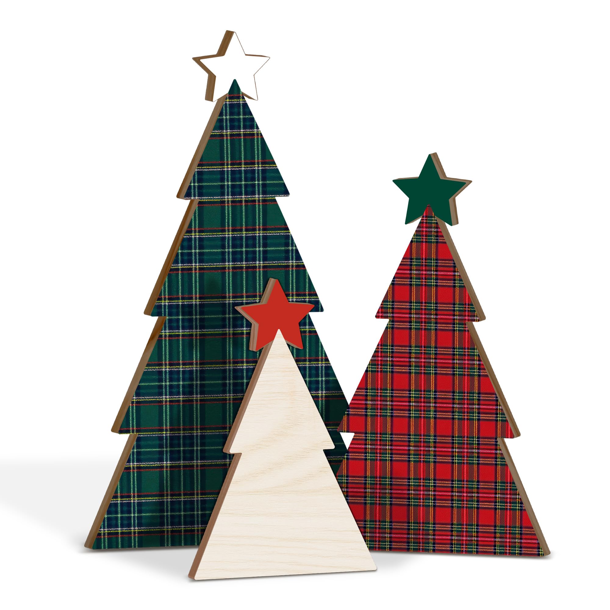 Photo 1 of (Set 3) Plaid Christmas Table Decor For Mantel, Cabinet, Kitchen, Fireplace, Shelf, Desk, Tabletop, Morden Wooden Christmas Tree Decor Gifts Signs, Aesthetic Neutral Rustic Farmhouse Tray Decorations