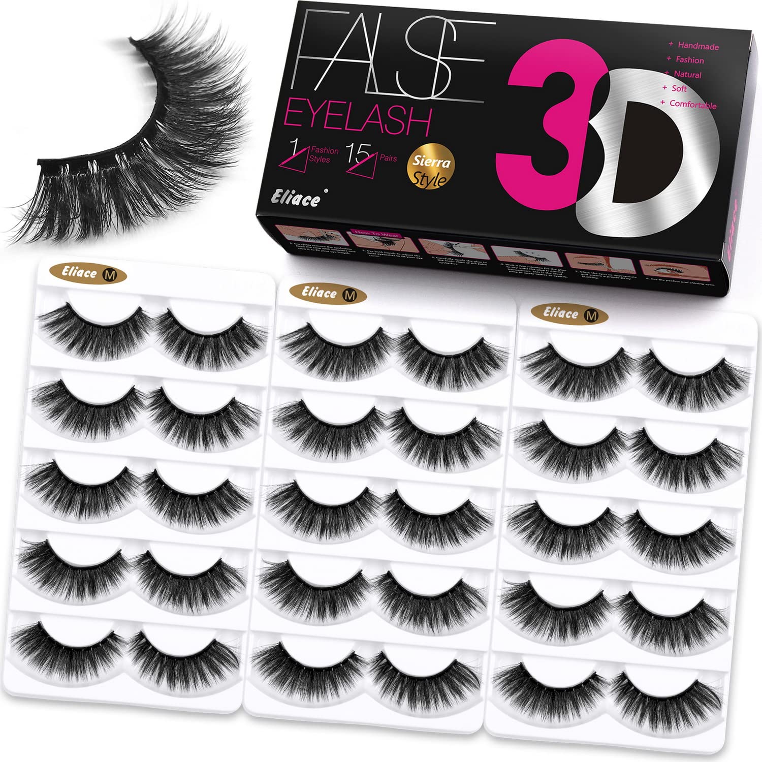 Photo 1 of Eliace False Eyelashes 15 Pairs Lashes Natural look Cat Eye Lashes Wispy, 3D Mink lashes Fluffy Long Thick, Fake Eyelashes Cross Wispy Volume Lash Soft Reusable Dramatic, Sierra Style