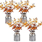Thiccywoov 4 Set Thanksgiving Fall Table Centerpiece Decorations Artificial Orange Pumpkins Eucalyptus with Metal Vase Faux Pumpkins Plants in Pots for Autumn Harvest Party Home Dining Table Decor