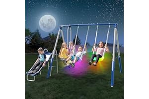 Sportspower 4-in-1 Super Lights 500LBS Metal Swing Set for Night Outdoor Play, LED Light-Up Swings, 2-Person Glider, 5ft Slide, 6ft Tall Durable Steel Frame