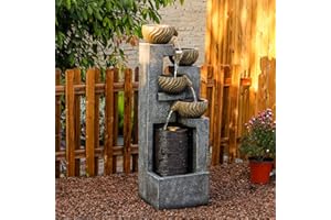 FOUNTJOY 44.09''H Outdoor Garden Water Fountain with LED Lights Bowl Cascading Floor Standing Waterfall Fountains Indoor 5-Tiered Water Feature Decor for Backyard Lawn Porch Deck