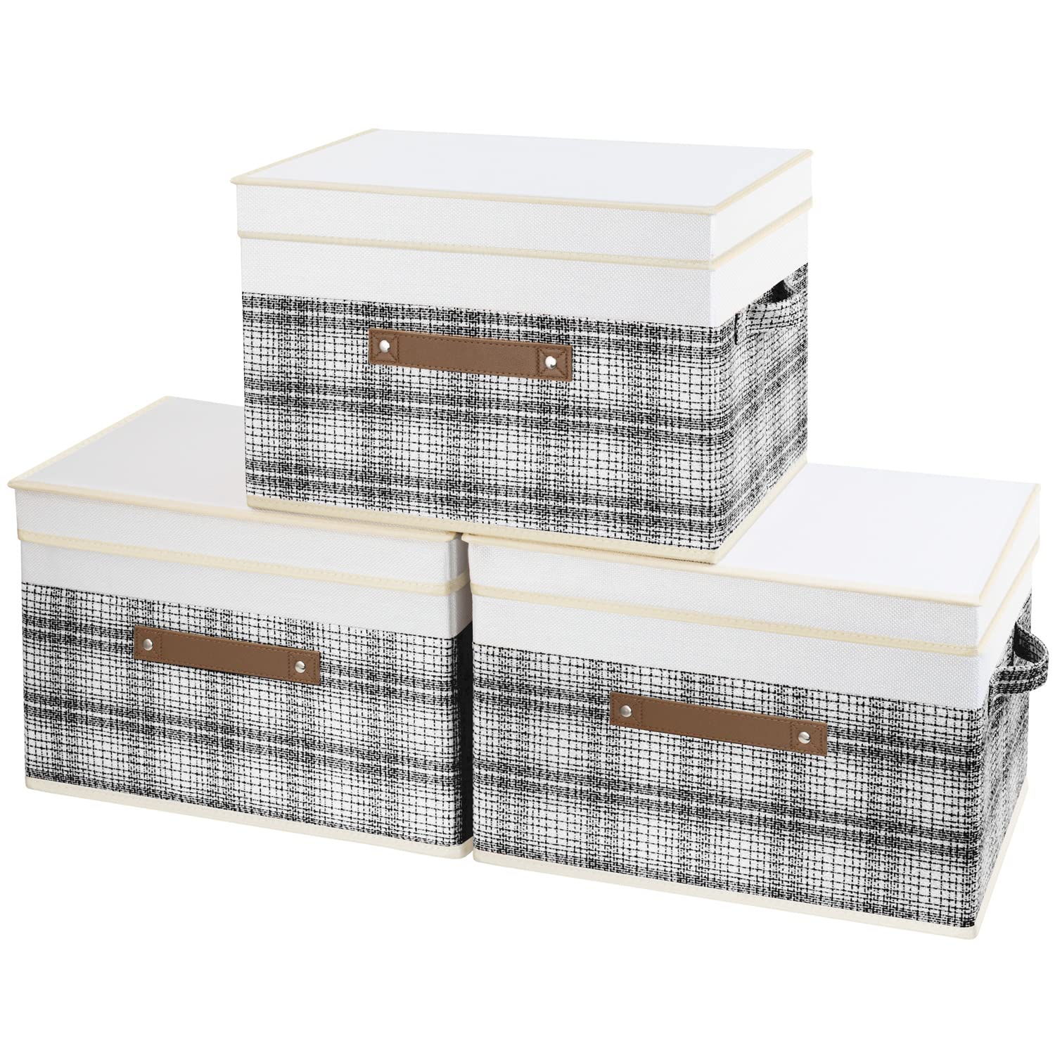 TYEERS Collapsible Storage Box with Lid, Patchwork Design, Decorative, Fabric Storage Box for Clothes, Wardrobe Storage, 38x25x25 cm, Set of 3, Grey — image 1