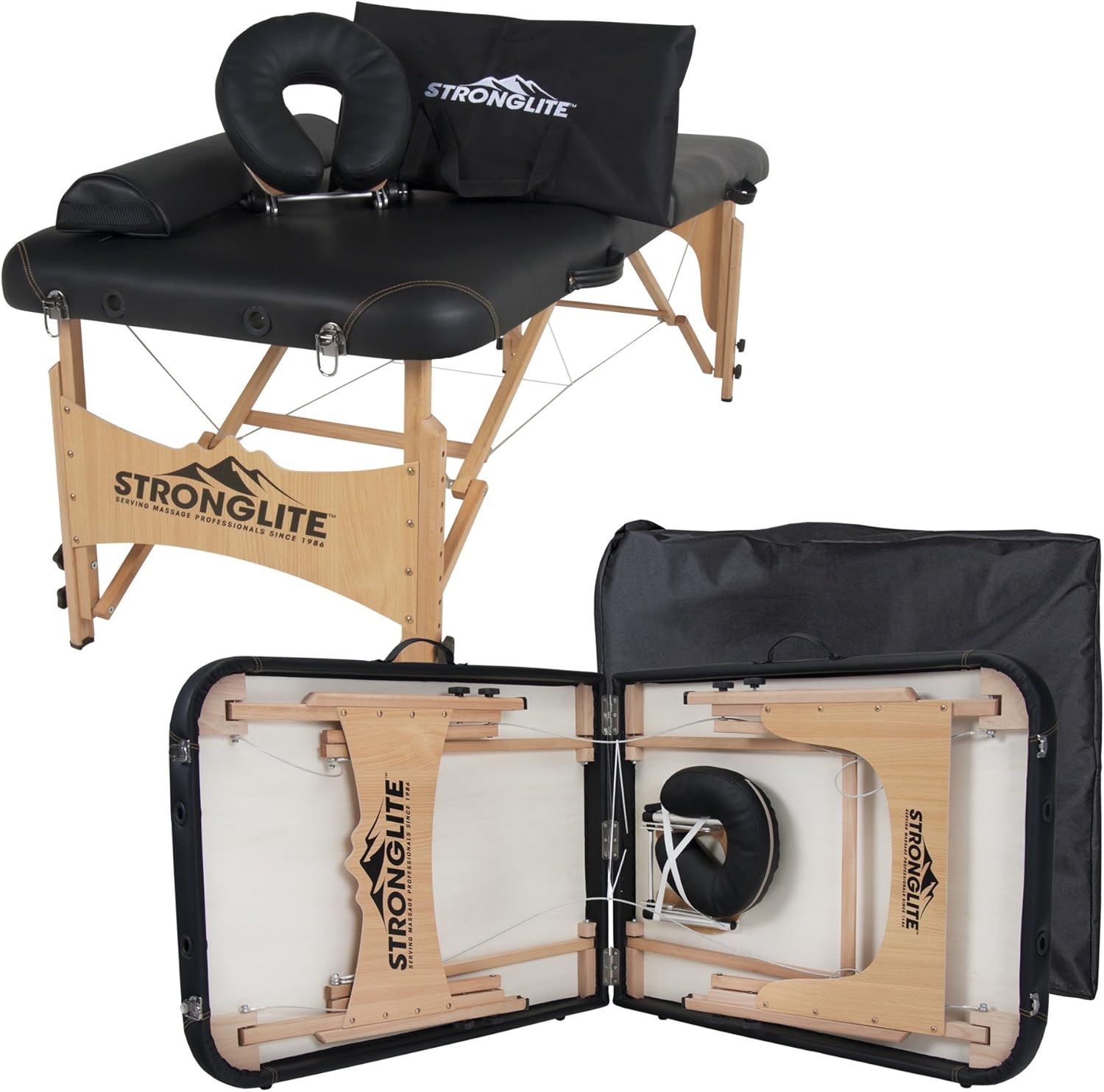 STRONGLITE Portable Massage Table Olympia - Double Knobs, Package w/ Adjustable Face Cradle, Face Pillow, Half Round Bolster, Microfiber Sheet Set & Carry Case (28x73"): Sports & Outdoors