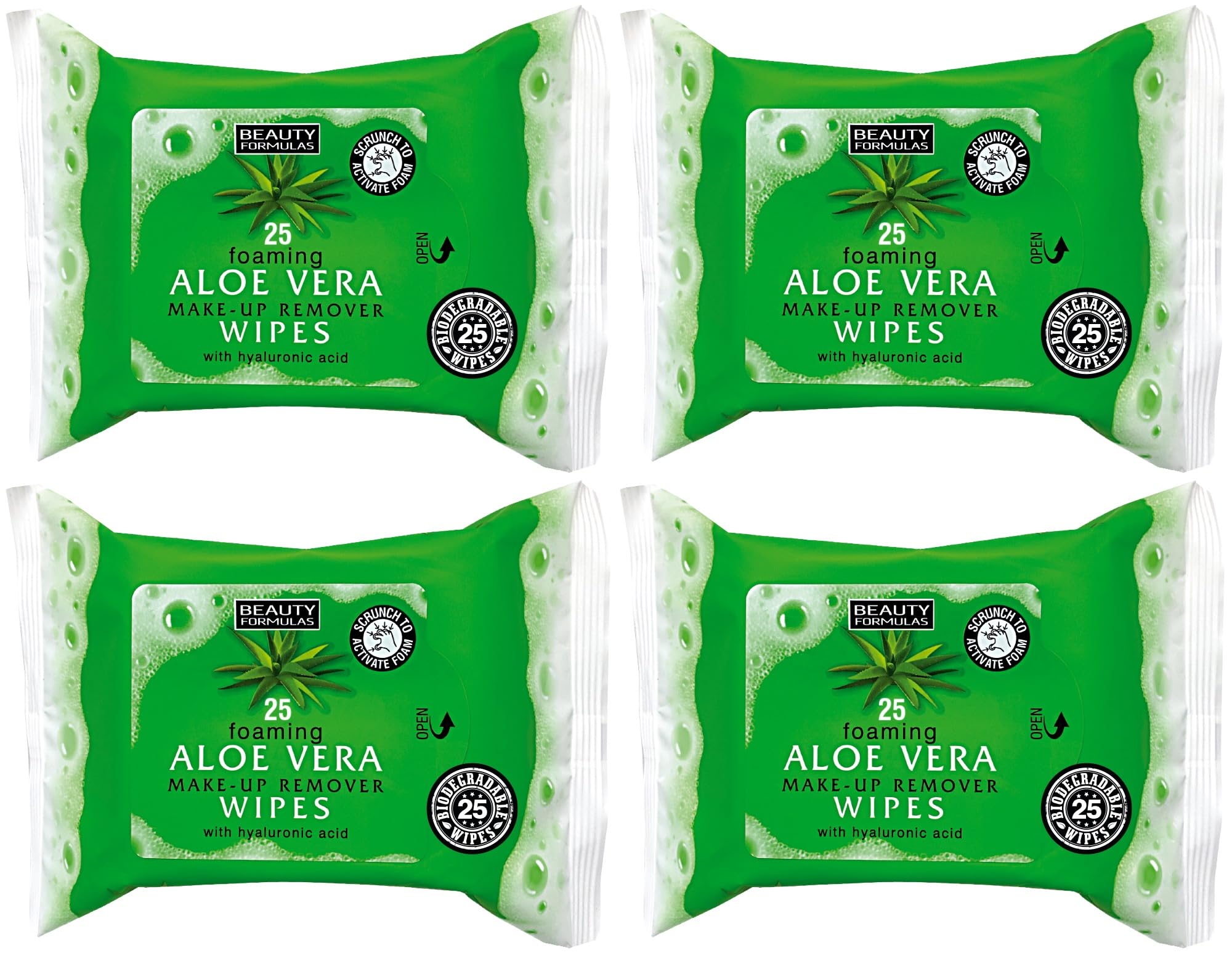 4-Pack Aloe Vera Foaming Make-Up Remover Wipes – 25 Wipes Per Pack, with Hyaluronic Acid, Self-Foaming, Biodegradable, Moisturising & Cleansing