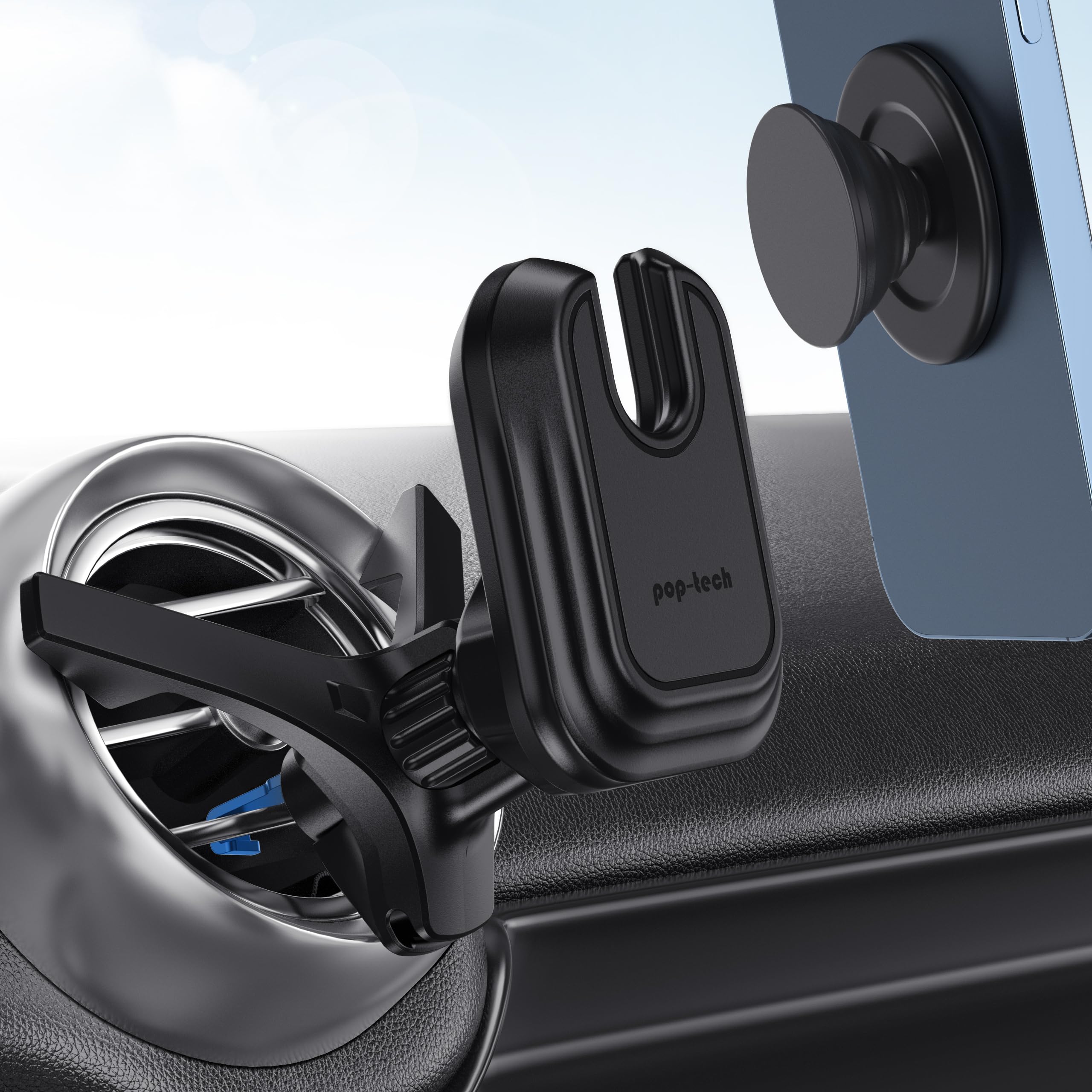 pop-tech Car Vent Phone Mount: Cell Phone Holder for Thicker Socket Grip & iPhone 16 15 Samsung Case Magsafe Card Holder, Universal Hook Clip Mount for Round/Horizontal/Vertical Air Vent (Black)