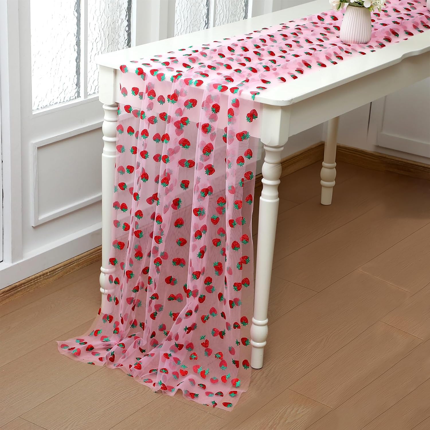 Photo 1 of 1 Pcs 29 x70 inch Pink Strawberry Mesh Table Runner, Shiny Glitter Tulle Tablecloth Sheer Lace Tablecloth for Party Decorations Shortcake Birthday Wedding Bridal Shower Party Home Kitchen Table Decor