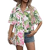 LOOKBOHO Women Hawaiian Shirts Tropical Tops Blouses Button Down Beach Plus Size Vacation Luau Party White Small