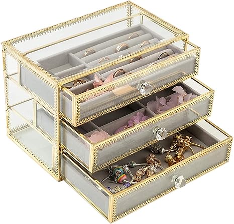 Amazon Co Jp ガラス製 ジュエリーボックス 宝石箱 アクセサリーケース ネックレス 指輪 ピアス 3段3杯引 内側 ベルベット 贈り物 プレゼント グレー色 アンティーク調 ホーム キッチン