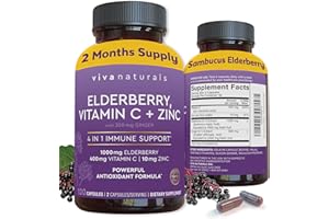 Viva Naturals Elderberry with Vitamin C and Zinc (120 Capsules) - 1000mg Sambucus Elderberry Immune Support Supplement, Black Elderberry Capsules for Adults - 2 Months Supply