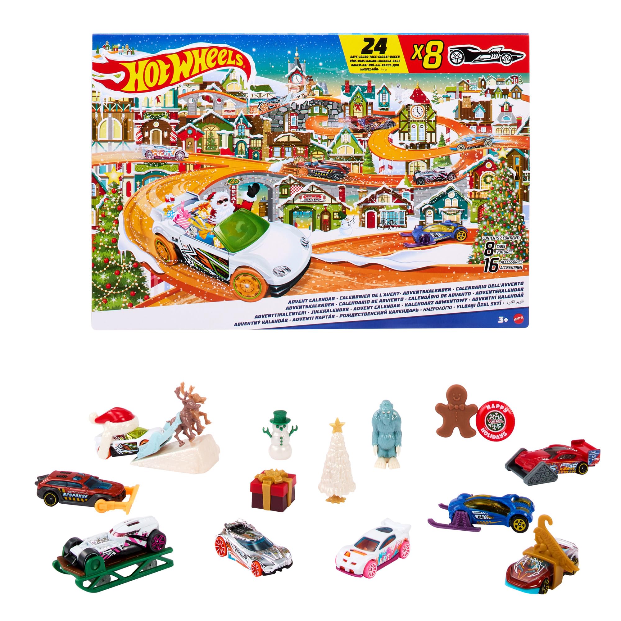 Hot Wheels Advent Calendar, 8 Hot Wheels Cars and 16 Winter-Themed Accessories behind 24 Numbered Doors Plus a Playmat, For Kids & Hot Wheels Fans, HKL74