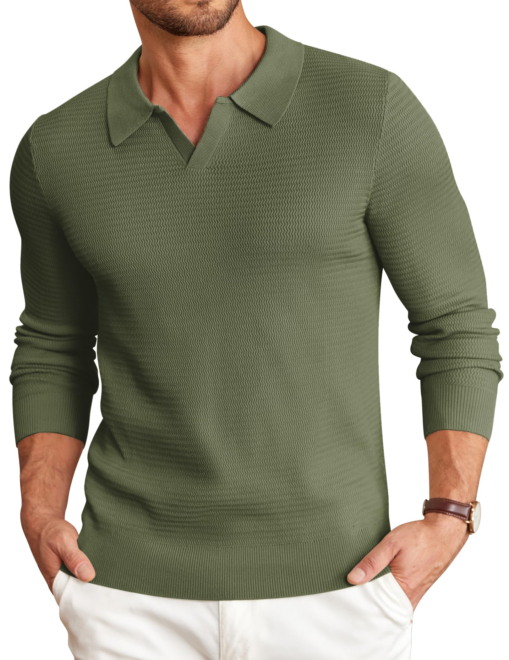 COOFANDY Mens Knit Polo Sweater V-Neck Long Sleeve Textured Lightweight Casual Dress Pullover Fall Sweaters