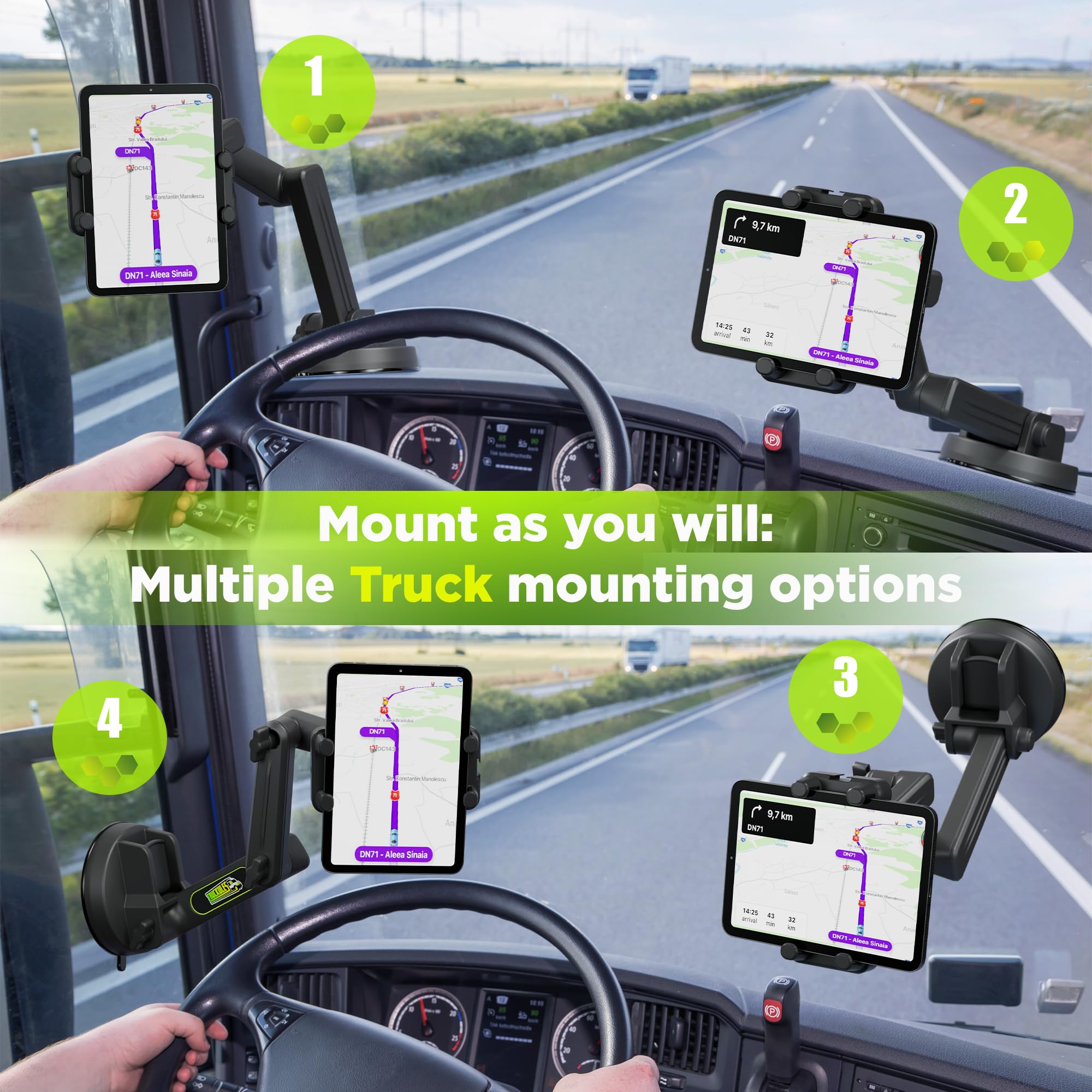 Tablet Holder for Truck Tablet Mount - iPad Mount for Truck, Heavy Duty Super Suction Cup, 16.7 inch Long Arm & Stable, Device & iPad Holder for Dashboard, Windshield and Window - Semi Trucker