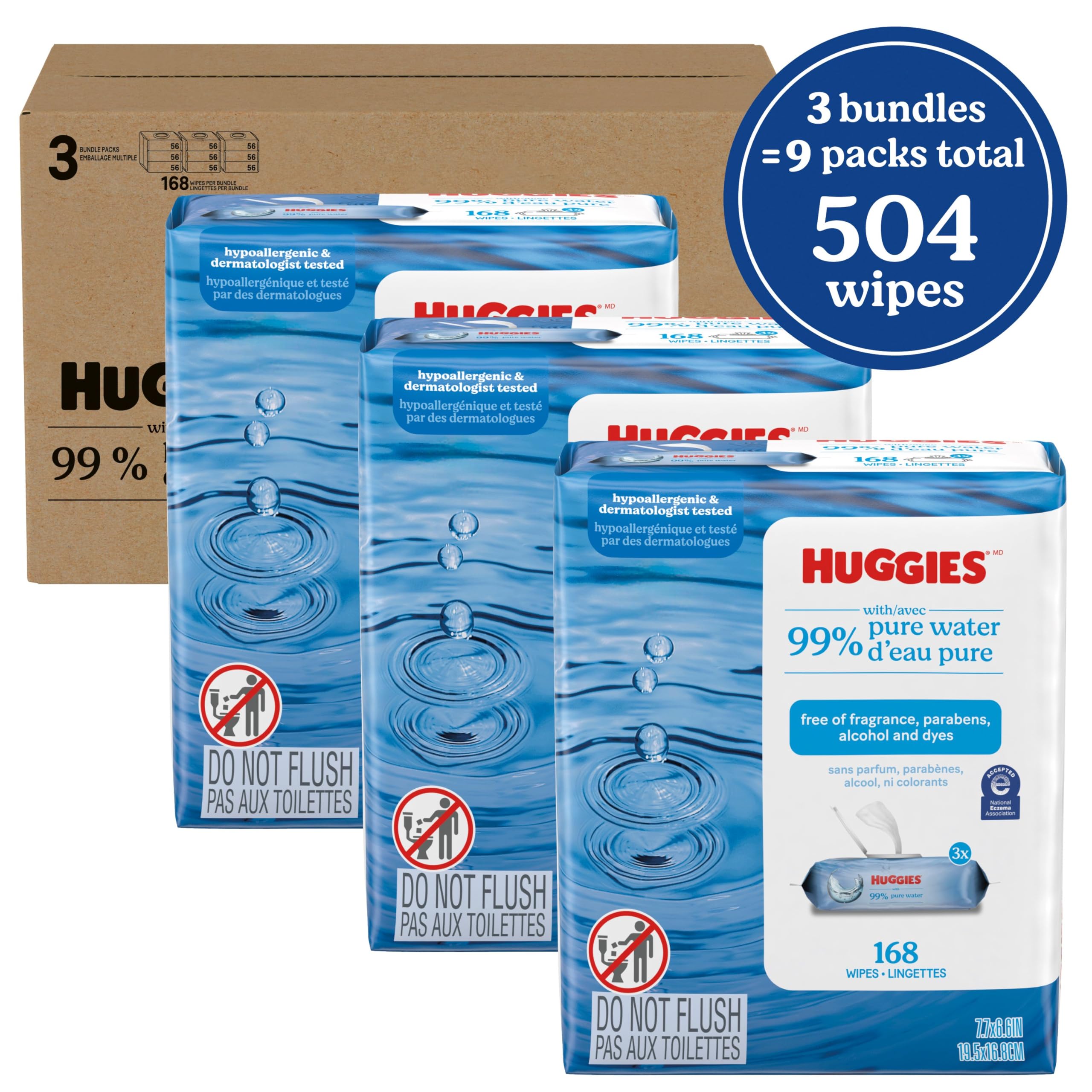 Huggies 99% Pure Water Baby Wipes, Unscented, 9 flip-top packs (3 Packs of 3), 504 Wipes Total, Packaging May Vary