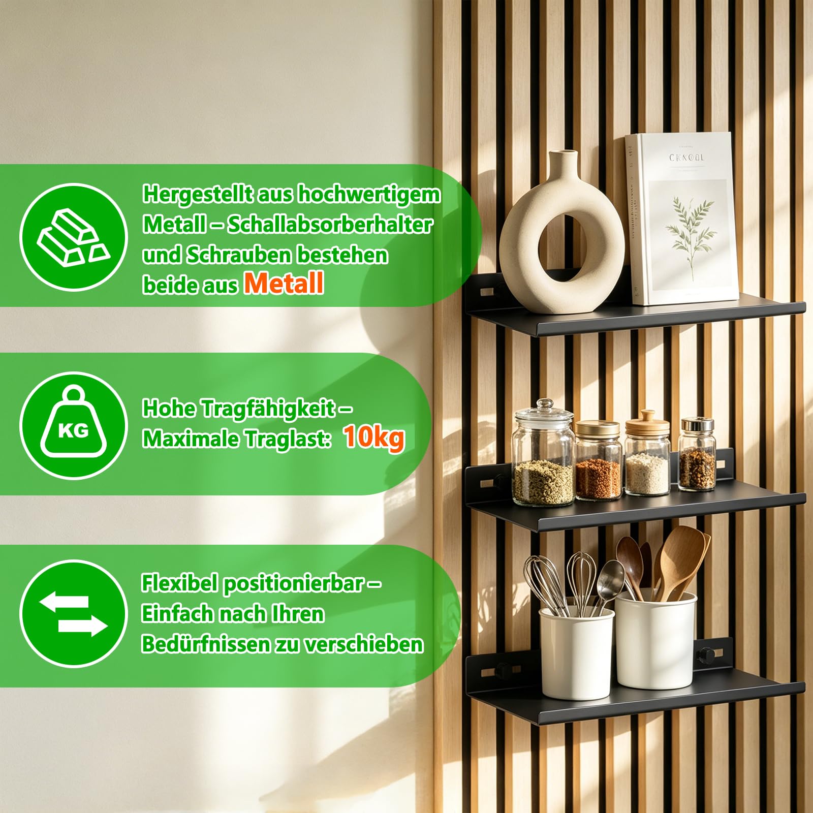 Hysagtek Regal für Akustikpaneel - 1 Stück Metall Zubehör Akustikpaneele Ohne Bohren, Schwarze Schweberegal für Wohnzimmer Schlafzimmer, Büro (30 * 10 cm) 5