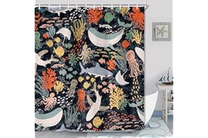 Lacoiime Kids Shark Shower Curtain, Ocean Fish Shower Curtain Black Boho Abstract Underwater Animal Cartoon Bathroom Curtain with Colorful Fabric Shower Curtains for Bathtub Decor (69 X 70 inch)