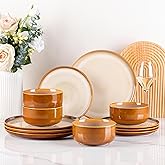 LeRatio Ceramic Dinnerware Sets for 4,Porcelain Plates and Bowls Sets, Reactive Glaze Dishes Set,Chip Resistant and Scratch Resistant | Oven&Dishwasher & Microwave Safe,Service for 4-Kahki &Black