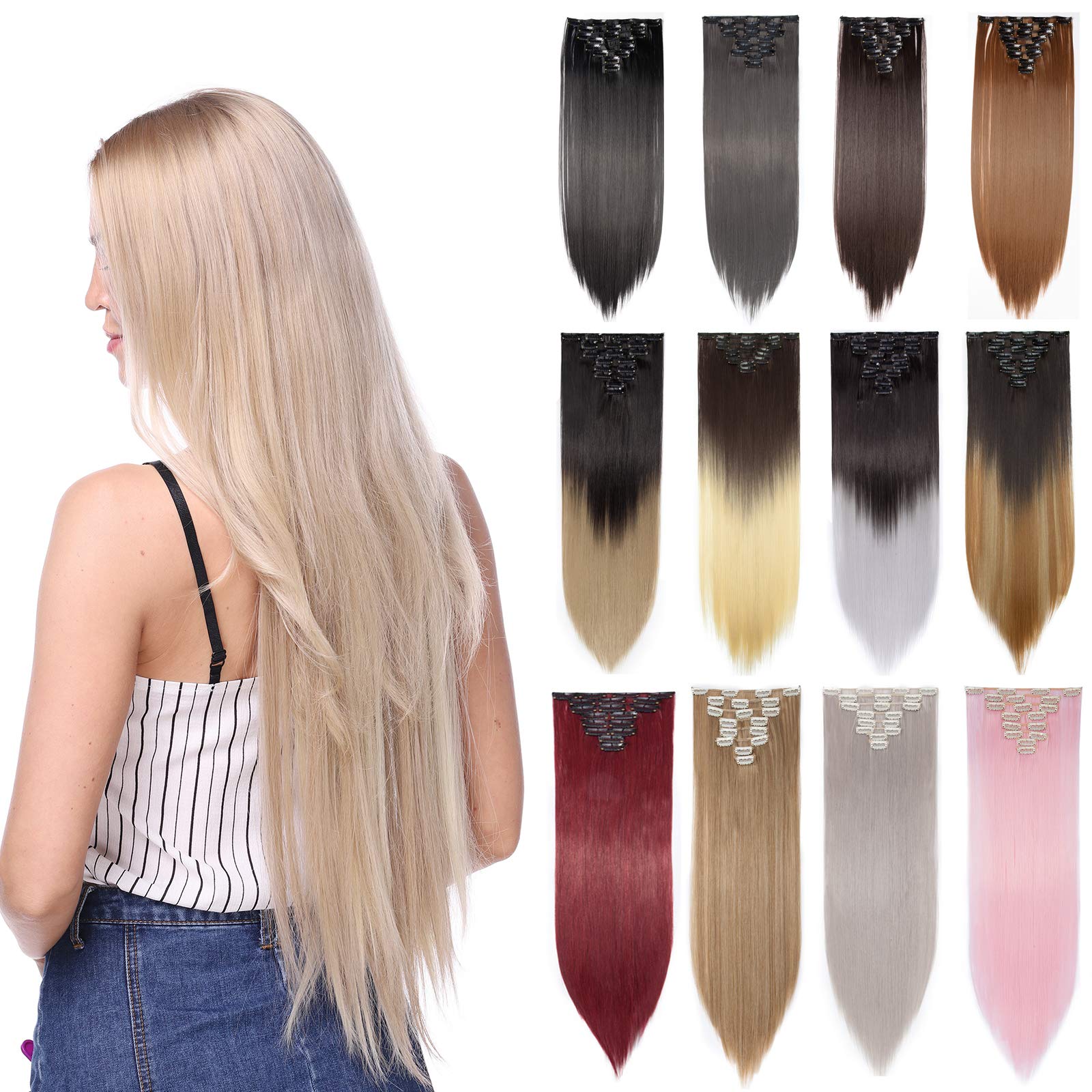 Clip in Hair Extensions 8Pcs Straight Clip on Synthetic Hair Extension Hairpieces for Women [26inch-140g; Dark Brown to Ash & Blond Mixed]