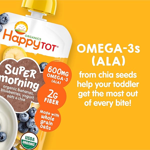 HAPPY TOT ORGANICS STAGE 4 BABY FOOD POUCHES, GLUTEN FREE, SUPER MORNING FRUIT & OAT BLEND, BANANAS, BLUEBERRIES, YOGURT, OATS & CHIA, 4 OZ (PACK OF 8)