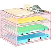 Lavatino 3-Tier Letter Tray Desk Paper Organizer – Pink Mesh Metal File Tray Organizer for Desk, Office Supplies & Home Organization | Fits A4/Letter Paper, Mail, Magazines and Office Accessories