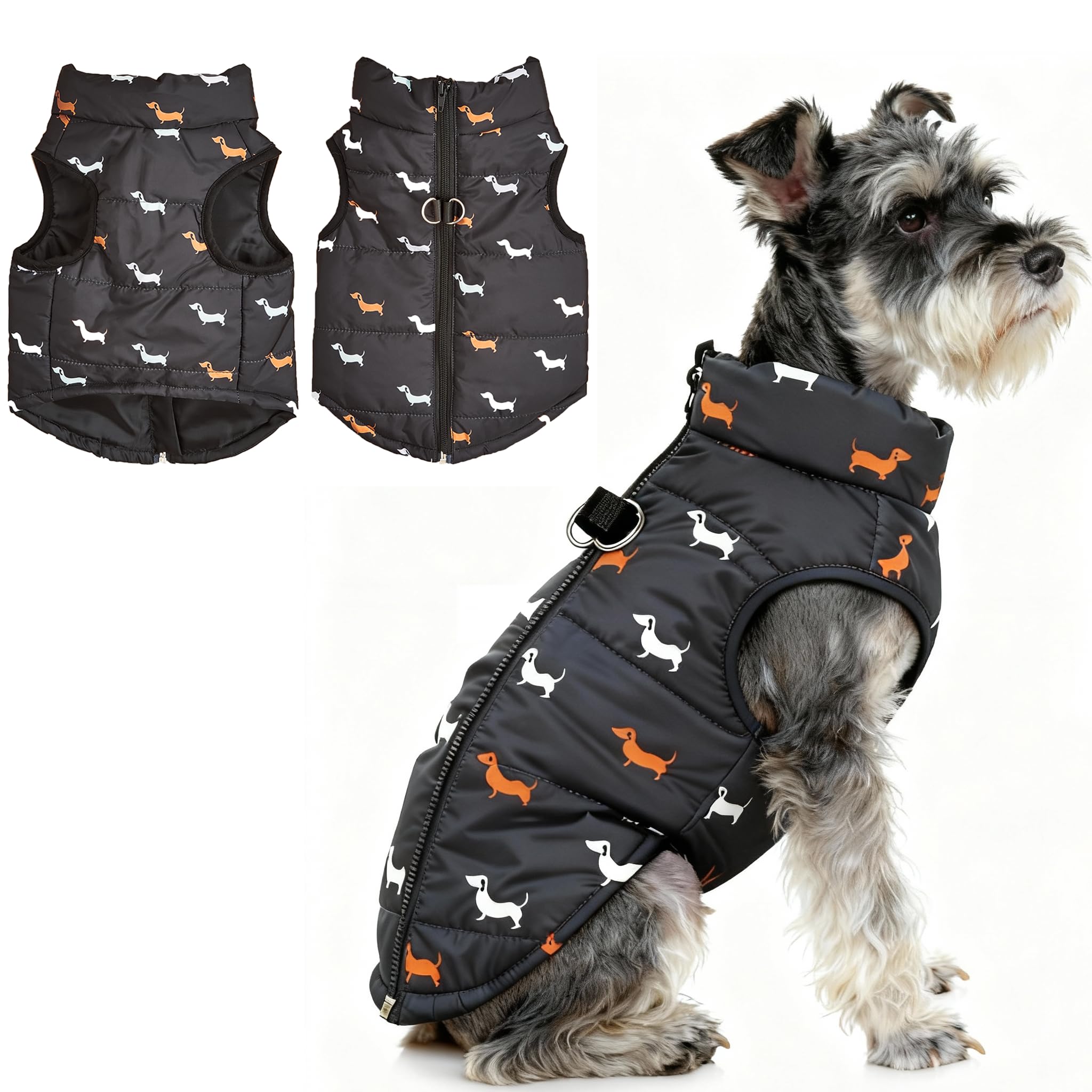 Asmea Dog Coat Warm Dogs Jacket Harness with D-ring Slightly Water-resistant Waterproof Puppy Coats for Cold Weather Christmas Dog Clothes Winter Small Dogs Coats Dachshund Coat Black XS
