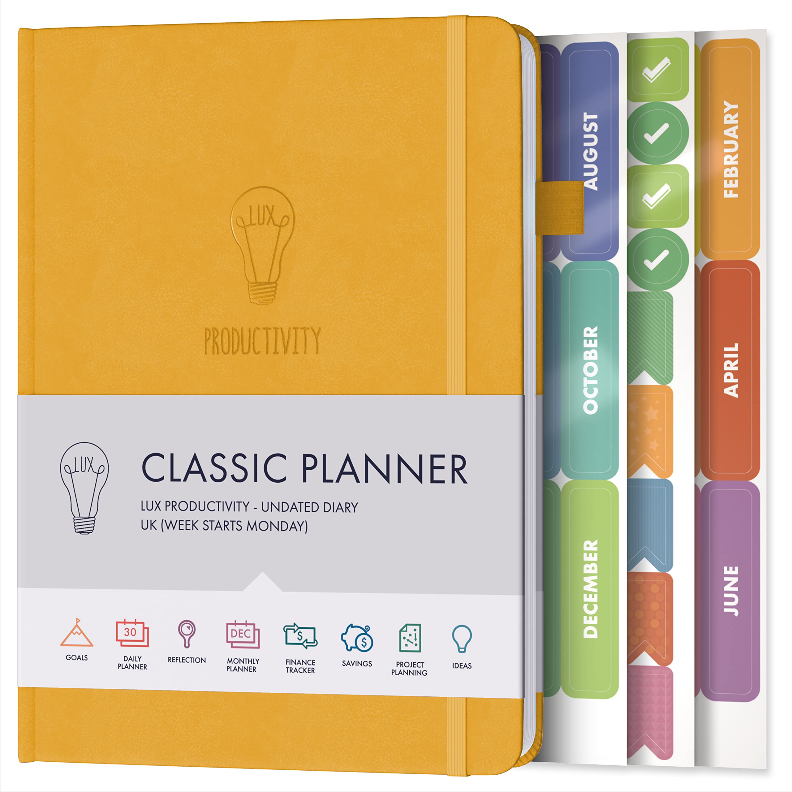Daily Planner & appointment diary - Gratitude journal, wellness journal & Undated weekly planners and organisers - Desk journals for women & men - LUX Productivity Classic (AMBER YELLOW)