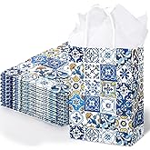JarThenaAMCS 24Pcs Blue Tiles Paper Bags with Tissue Paper Vintage Mediterranean Gift Bag with Handle Candy Goodie Treat Bags for Baby Shower Wedding Party Favor Supplies