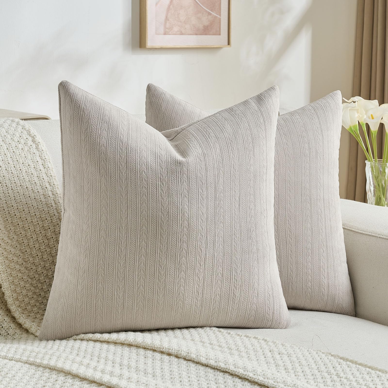 Photo 1 of FUTEI Oatmeal Decorative Throw Pillow Covers 20x20 Inch Set of 2,Soft Cozy Wheat Ear Striped Patterns Cushion Cases,Modern Home Decor for Couch Bed Living Room