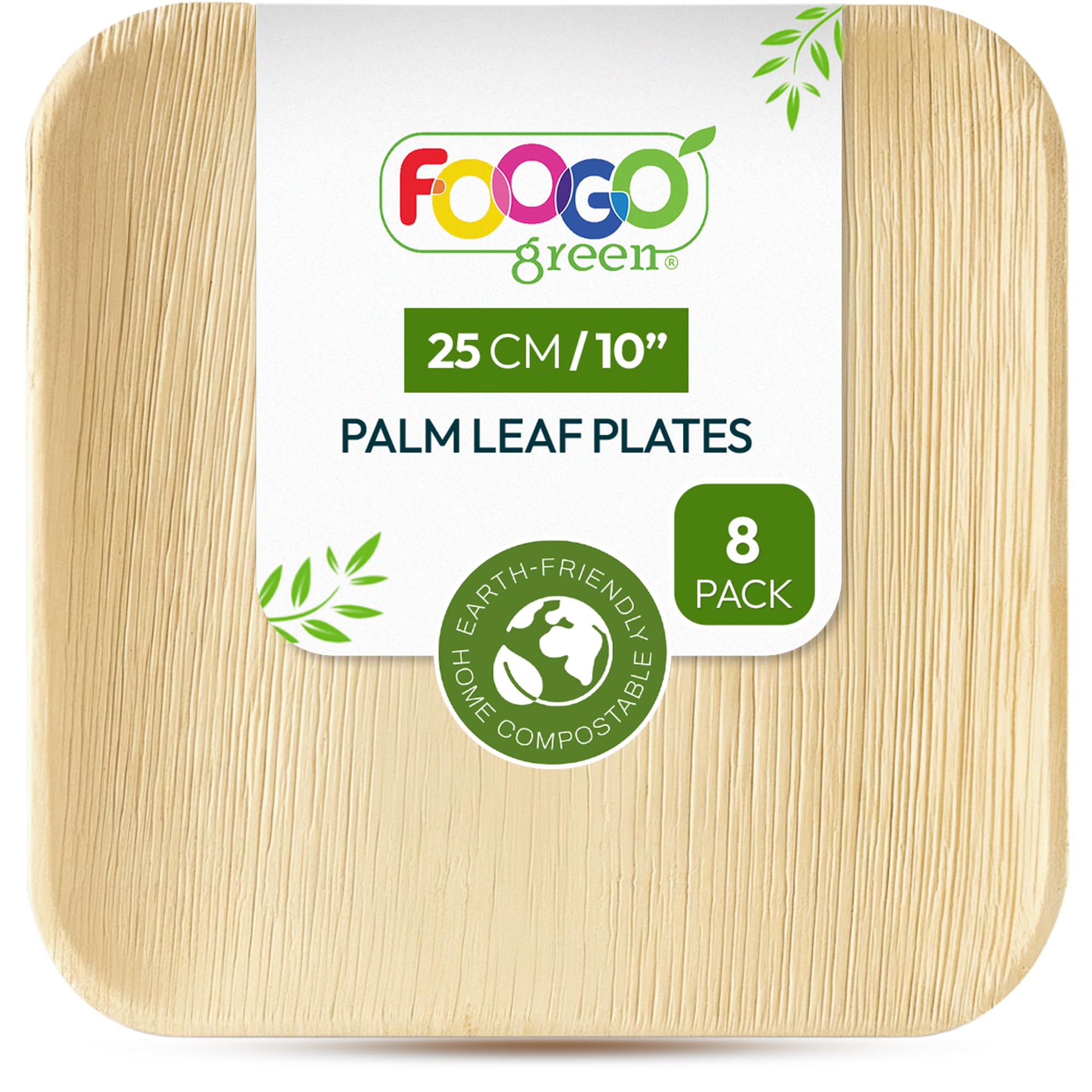 FOOGO Green 8pcs Disposable Palm Leaf Plates, 10"(25cm) Large Square, Eco Friendly Biodegradable Compostable Like Wooden, Bamboo, Paper Plates for Hot Food, Picnic Wedding Parties