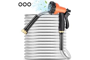 BOIROS Garden Hose 100FT-Stainless Steel Water Hose with 10 Function Nozzle & Solid Fittings,No-Kink & No-Tangle,Lightweight Metal Garden Hoses,Anti-Rust Heavy Duty Water Hoses for Yard,Car Wash,Farm,Pet
