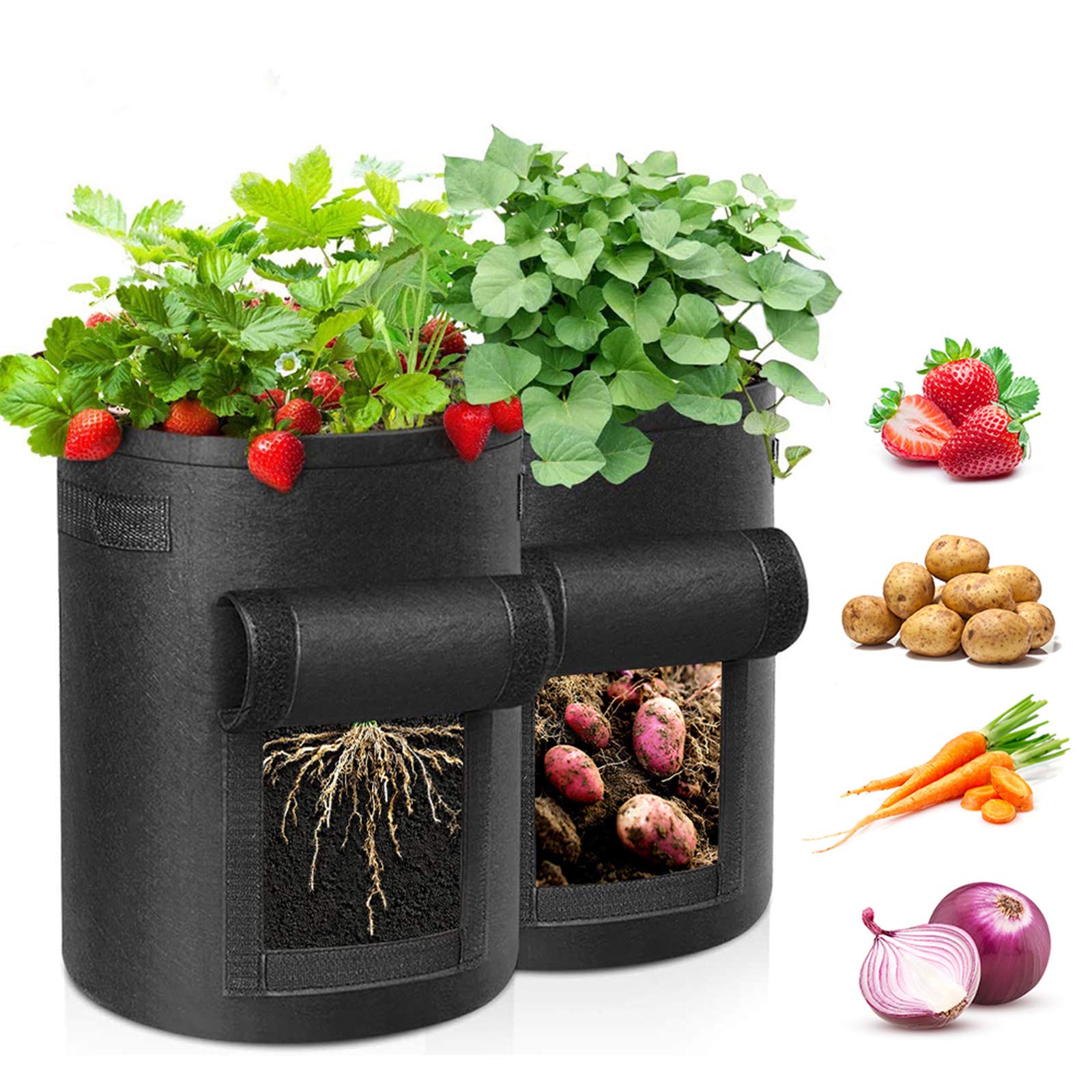 Potato Grow Bag, 2 Pack 5 Gallon Vegetable Plant Bags - Breathable Garden Fabric Pots With Strap Handles and Access Flap for Tomatoes, Fruits, Vegetables (Black)