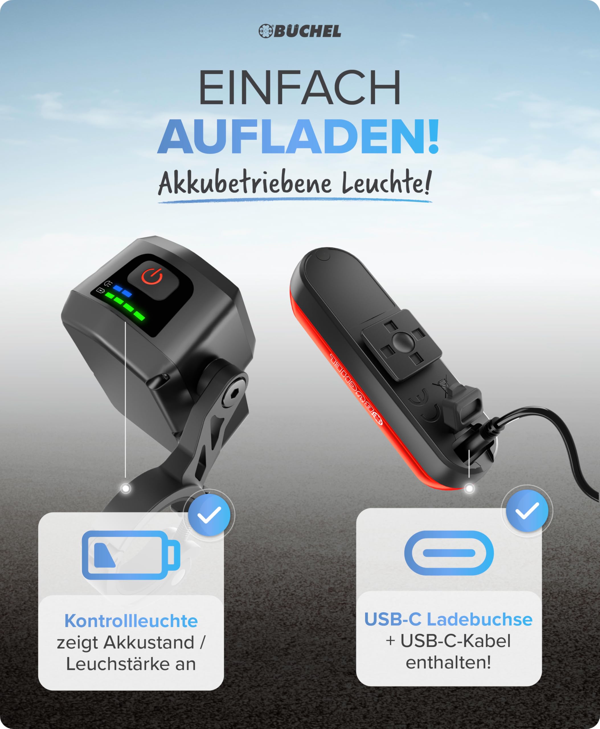 BÜCHEL Fahrradlicht Set - USB-C Fahrrad Lichter LED Set mit 8h Leuchtdauer & Kontrollanzeige - 4‑Modi Vorderlicht (15–60 Lux) - StVZO-Konform (Lichtset, LED Frontlicht 30–60 Lux & COB Rücklicht) 4