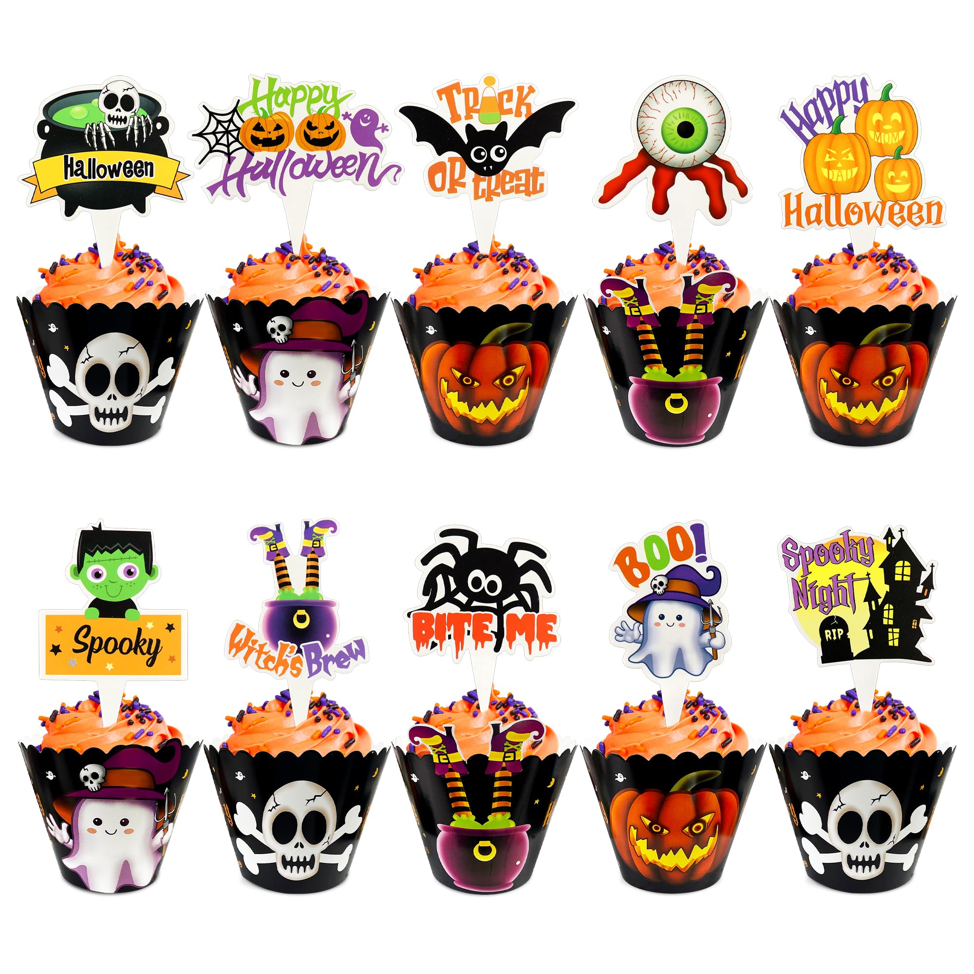 Photo 1 of 80 Pcs Halloween Cupcake Toppers Cupcake Liners Pumpkin 40 Pcs Cupcake Wrapper and 40 Pcs Cupcake Toppers muffin Case Trays for Halloween, Birthday, Decoration Party Supply (bite me)