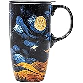 Topadorn Ceramic Coffee Travel Mug with Lid and Handle - 17 Oz Large Ceramic Latte Teacup with Color Box, Splash Resistant Lid - To Go Tumbler for Car Cup Holder, Starry Sky