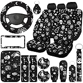 Estune 19 Pcs Skull Cat Moon Car Seat Covers, Full Set Accessories Steering Wheel Cover Front Rear Headrest Armrest Belt Cup Holder Keychains Wrist Strap for SUV LAN-Estune-869