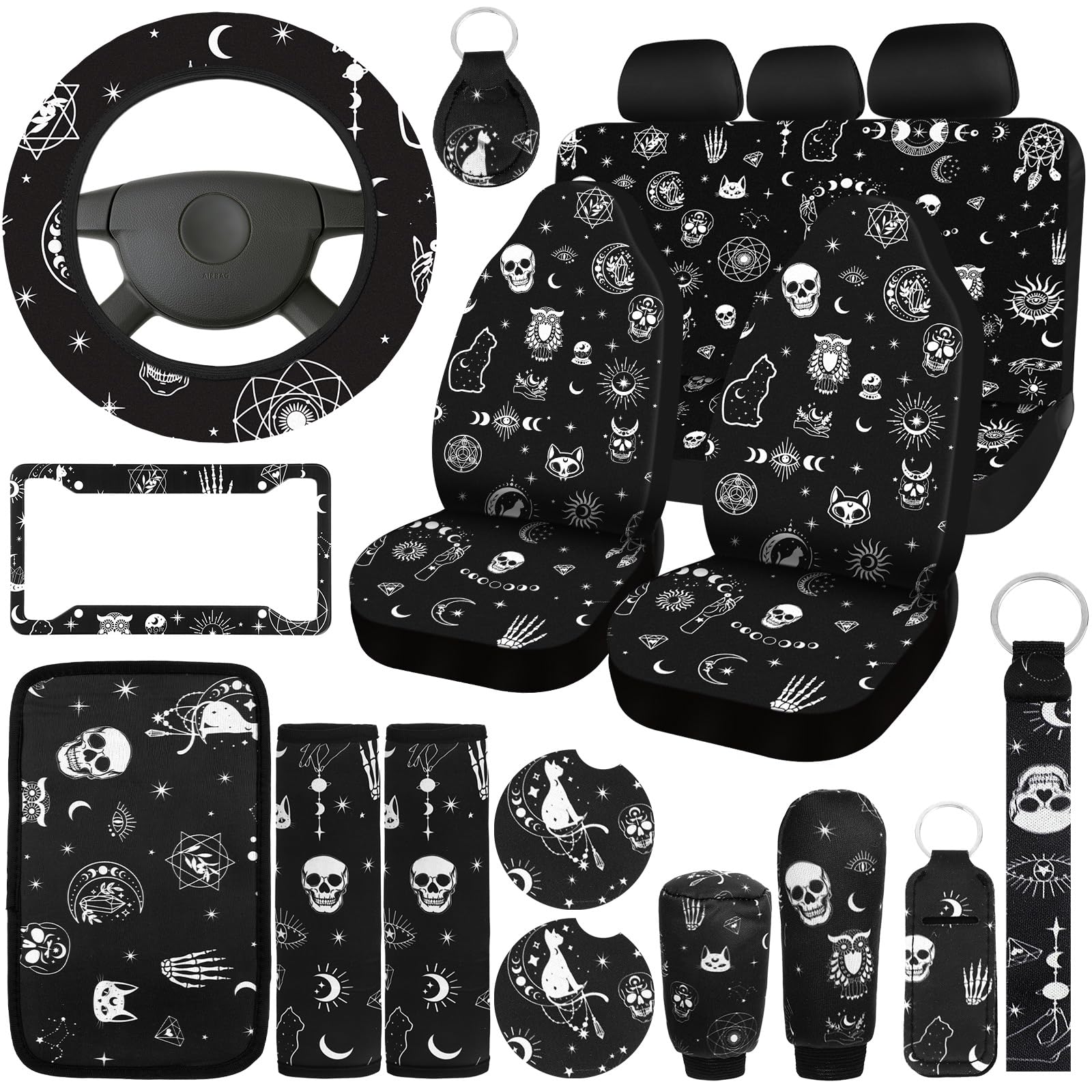 Photo 1 of Estune 19 Pcs Skull Cat Moon Car Seat Covers, Full Set Accessories Steering Wheel Cover Front Rear Headrest Armrest Belt Cup Holder Keychains Wrist Strap for SUV LAN-Estune-869