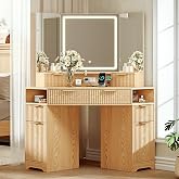 GRUTEUNIT Corner Makeup Vanity Desk with 3 Way Mirror and Lights,48" Large Vanity Table with 6 Drawers &amp; Storage Cabinets, Charging Station, Fluted Dressing Table for Bedroom, Oak
