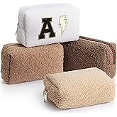 Paterr 4 Pcs Fuzzy Makeup Bag Set Bridesmaid Gift Plush Cosmetic Sherpa Pouch Zipper Travel Toiletry Bag for for Wedding Party Favors Bachelorette Party for Women(White Brown Colors)