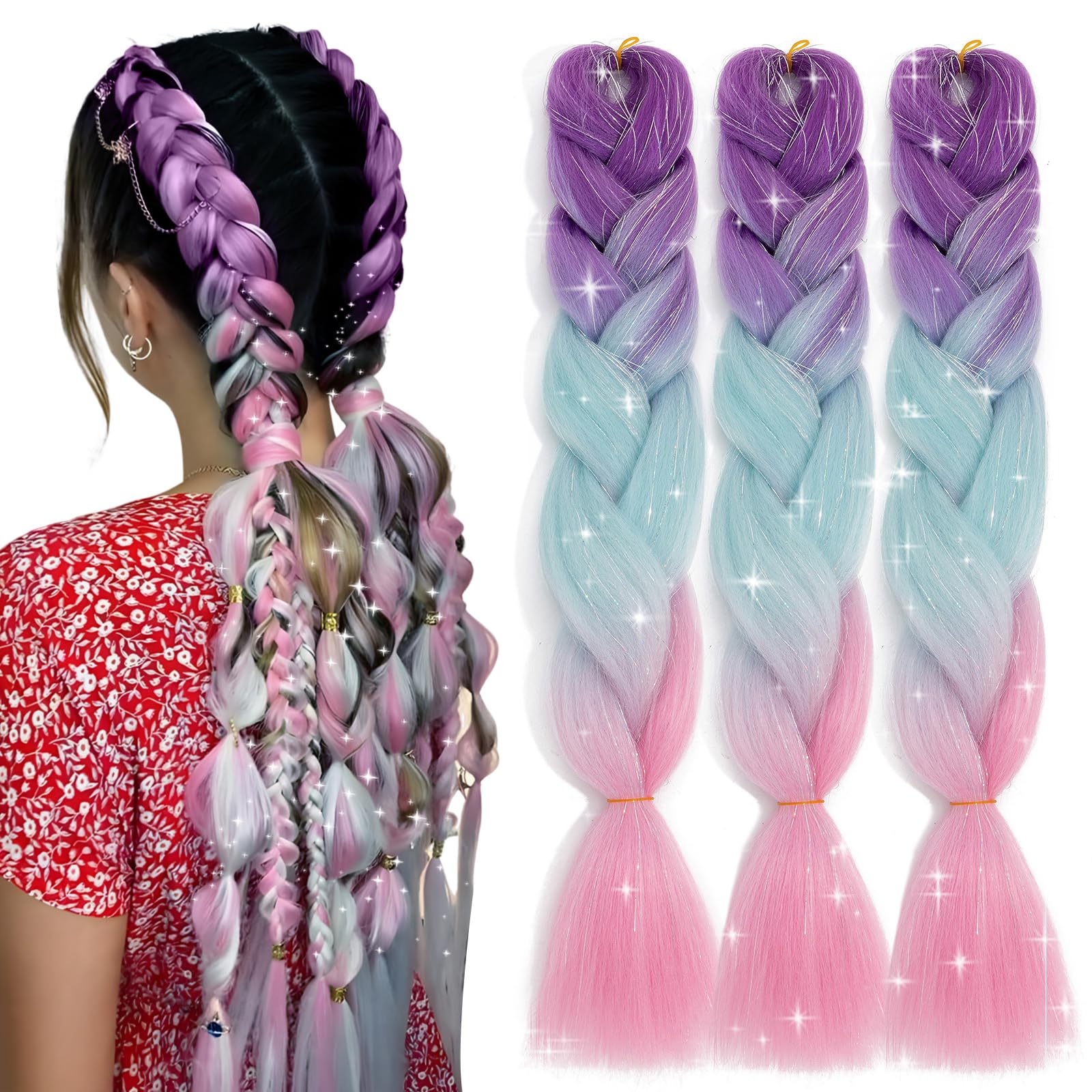 Ombre Jumbo Braiding Hair Colorful Tinsel Hair Extension 24 Inch 3pcs Synthetic Braids Rainbow Hair for Girls Women,Glitter Fake Hair for Festival Rave,Light Purple to Lake Blue to Pink Glitter