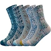 5 Pairs Floral Socks Women Trendy Flower Socks Embroidered Vintage ,Girls Cute Sweet Nordic Textured Cotton Sock (US, Alpha, One Size, Regular, Regular, D_5 Pairs Blue)