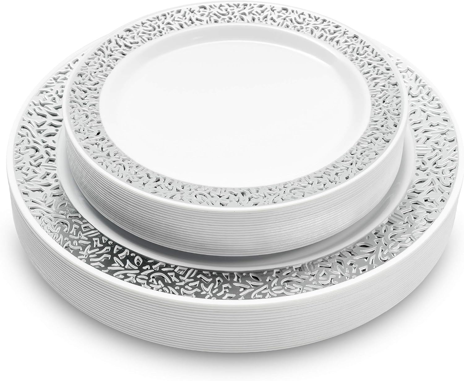 MATANA 40 Premium White Plastic Plates with Silver Lace Rim, 20 Dinner and 20 Dessert Plates