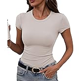 GEMBERA Womens' Stretchy Ribbed High Neck Short Sleeve Gym Workout Slim Fitted Casual Full Length Top T-Shirt