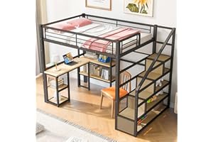 BIADNBZ Metal Loft Bed Full Size with Stairs, Built-in Desk and 3-Tier Shelves, High Bedframe with Storage Steps, for Kids Teens Bedroom, Black