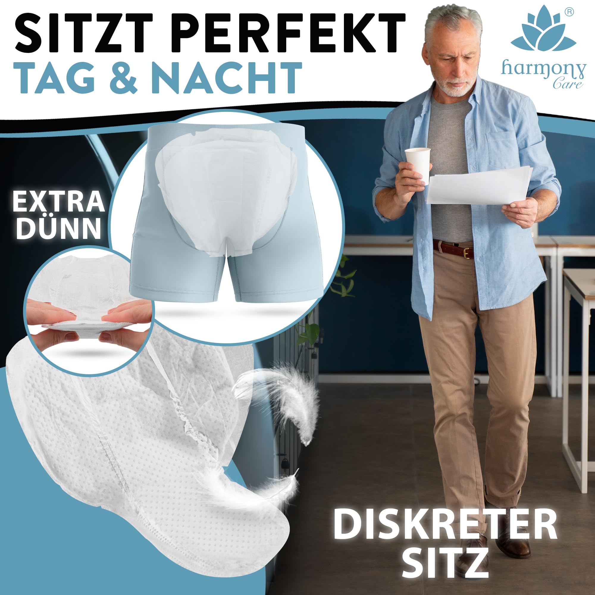 Harmony Care® Men SUPER saugstarke Inkontinenzeinlagen für Männer bei leichter bis mittlerer Blasenschwäche - diskrete Einlagen für Männer bei Inkontinenz - 20 Stück 4