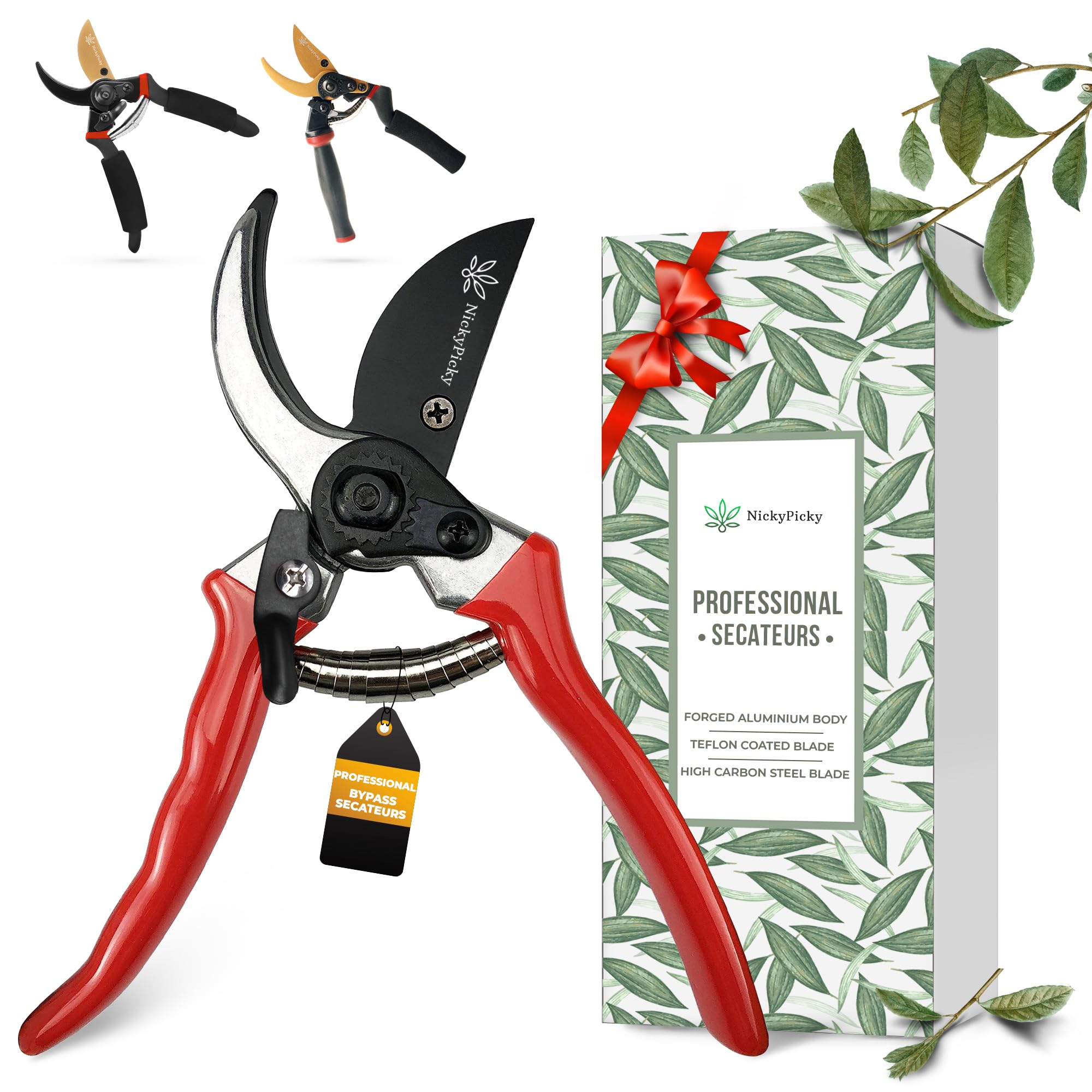 NickyPicky Garden Secateurs - High Carbon Steel, Bypass Secateurs - Ergonomic Handle with Strong Grip, Secateurs & Pruning Scissors for Trimming - Garden Pruners, for Healthy Plant Growth - Red