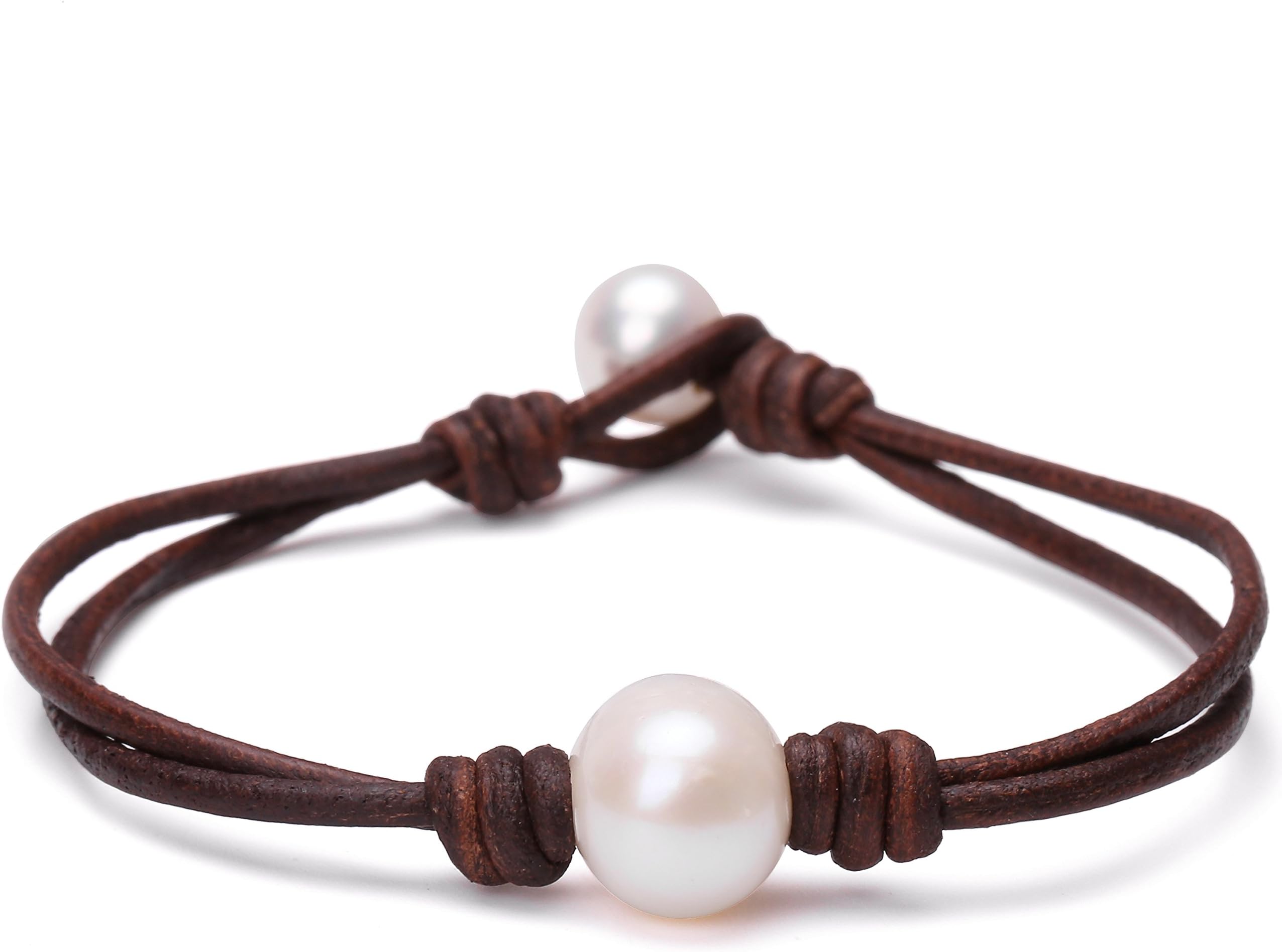 Single Cultured Freshwater Pearl Bracelet Handmade Leather Pearl Jewelry for Women Girls 7''