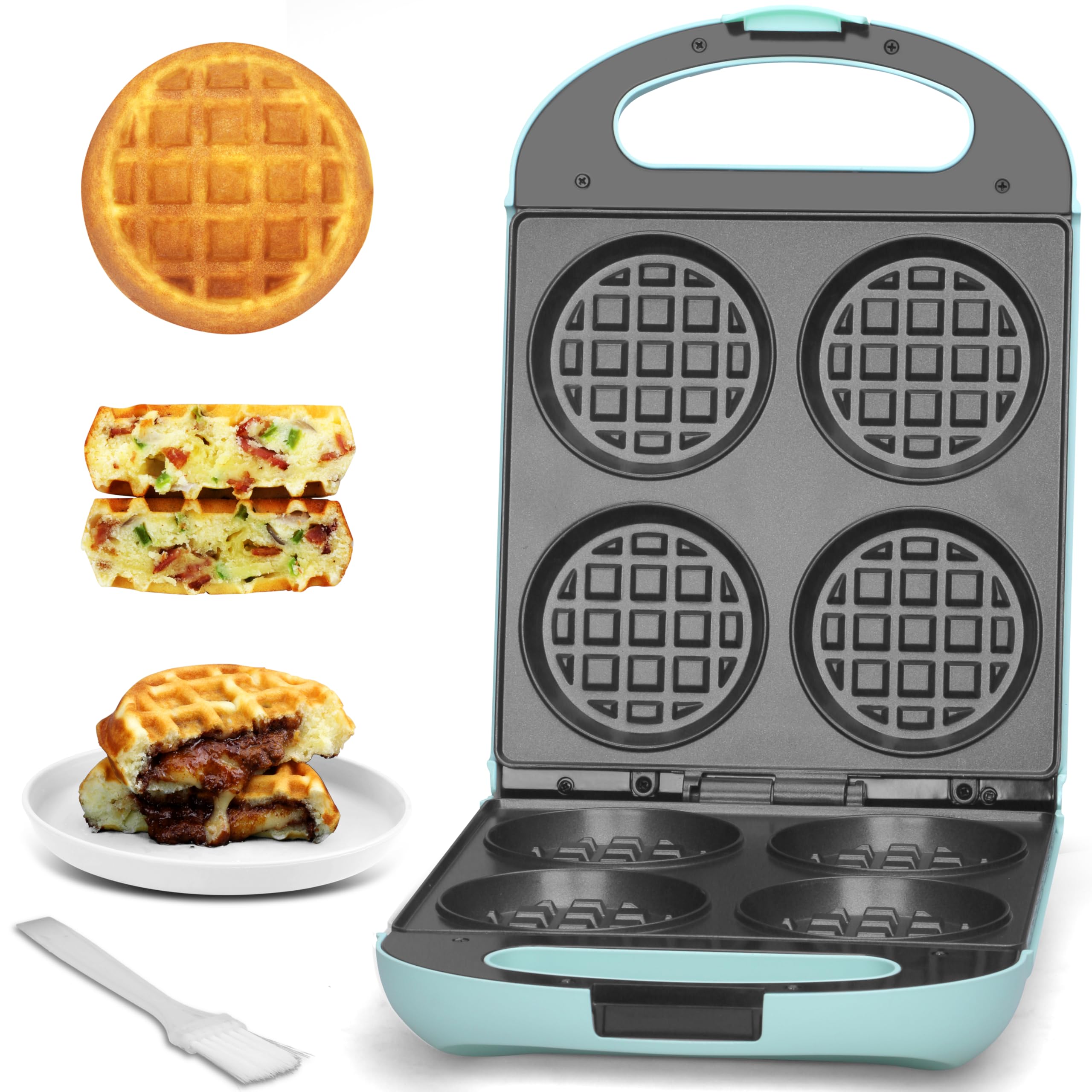 Photo 1 of Baker's Friend Multi Stuffed Waffle Maker Thick, 4-Slice with 1.2'' Thick & 4'' Dia, Belgian Mini Waffle Maker Flip, Nonstick Breakfast Sandwich Maker, Stuffed Waffle Iron, Aqua