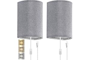 BESER·WIN Wall Sconces Set of Two, Fabric Shades Plug in Wall Sconces, 3 Color Temperature Switching Modern Wall Light Fixtures, Wall Lamp with Plug in Cord, On/Off Switch Wall Lights for Bedroom Porch (Grey)