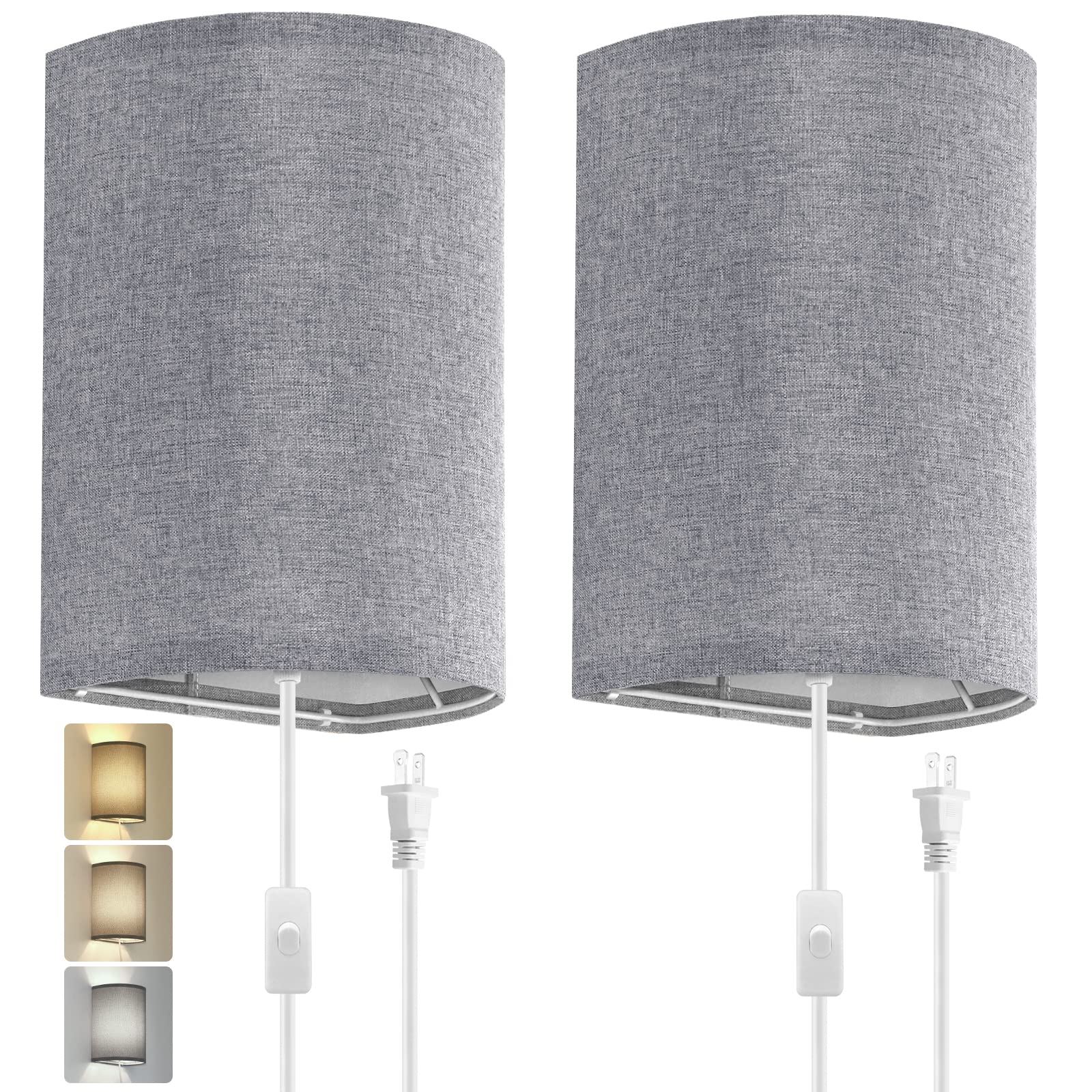 Photo 1 of Wall Sconces Set of Two, Fabric Shades Plug in Wall Sconces, 3 Color Temperature Switching Modern Wall Light Fixtures, Wall Lamp with Plug in Cord, On/Off Switch Wall Lights for Bedroom Porch (Grey)