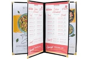 Ylittaa Menu Covers, 4 Page, 4 Pockets, 8 View, for 8.5" x 14" Legal Size Paper, Pack of 6, Black Edging + Gold Metal Corner, Made with Leatherette & Vinyl