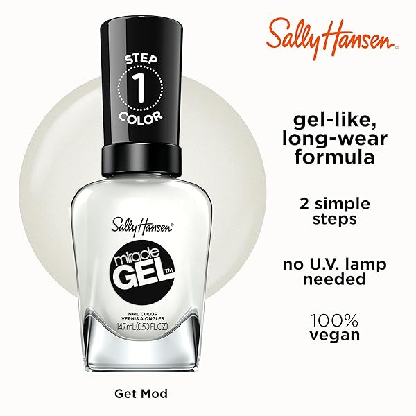 SALLY HANSEN MIRACLE GEL, GET MOD, LONG LASTING, GEL-LIKE FORMULA, NO UV LAMP NEEDED, SEMI OPAQUE, SHINY WHITE NAIL POLISH